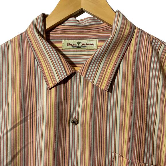 Tommy Bahama 100% Silk Earth Tone Stripe Short Sleeve Shirt - Size L - Picture 3 of 7